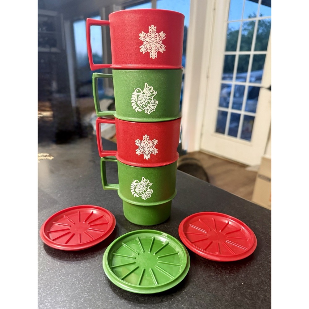 4 Cups 3 Lids Tupperware Stackable Christmas Mugs Vintage Snowflake Turtledove